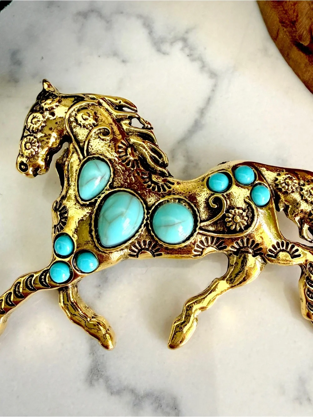 Gold Horse Turquoise Stone Brooch Lapel Pin Western Cowgirl Rodeo Accessory NEW